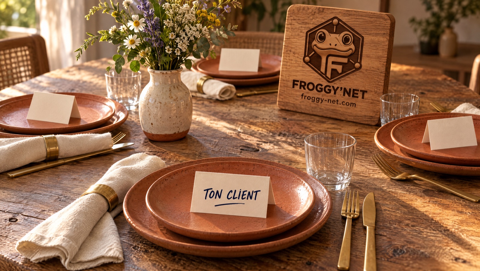 Table mise pour quatre avec un seul carton « TON CLIENT » : savoir pour qui on cuisine avant de trouver des clients