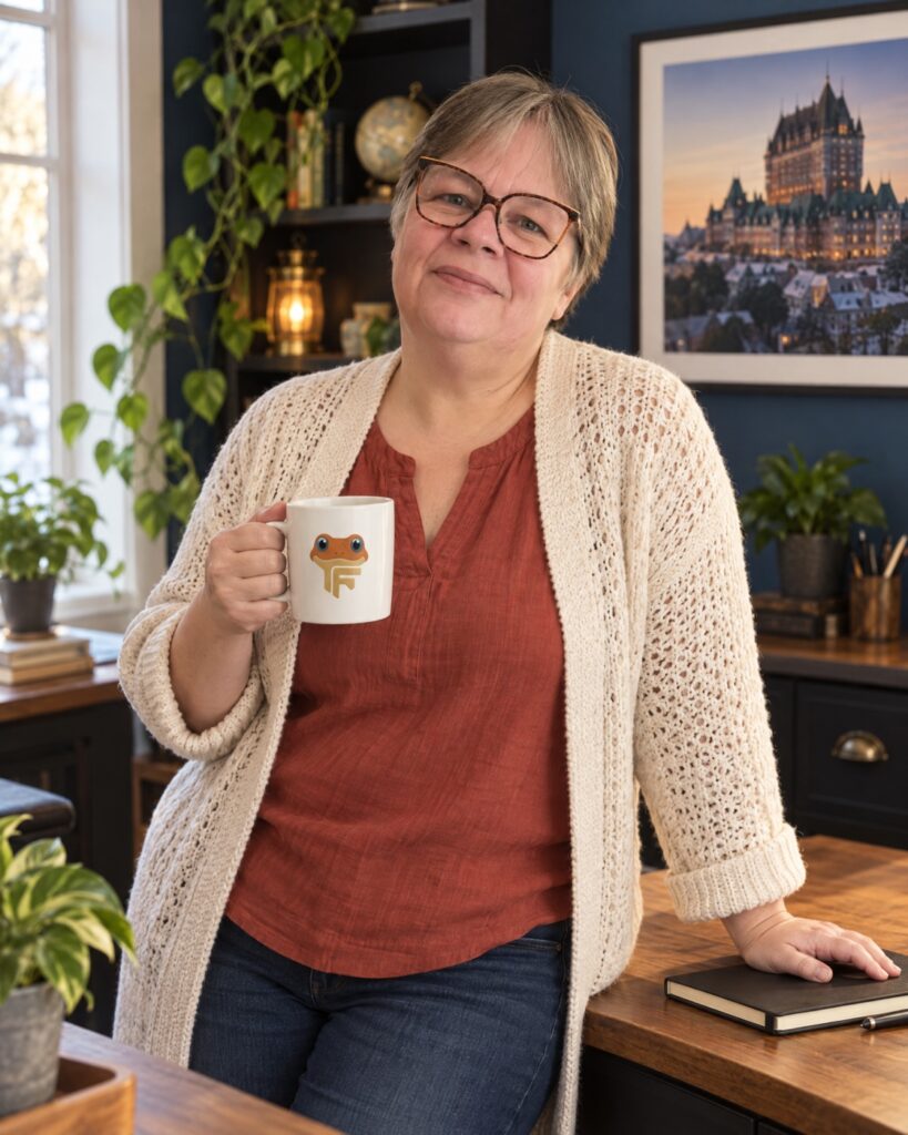 Valérie Payotte, stratège marketing de Froggy’Net, à son bureau de la Maison Froggy avec une tasse Froggy, portrait créé avec l’IA à partir de ses photos