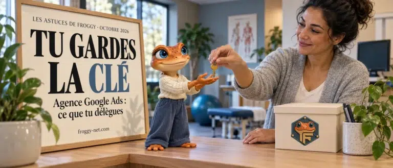 Agence Google Ads : à la réception d'une clinique de physiothérapie, la gestionnaire remet une clé à Mini Froggy, couverture Tu gardes la clé