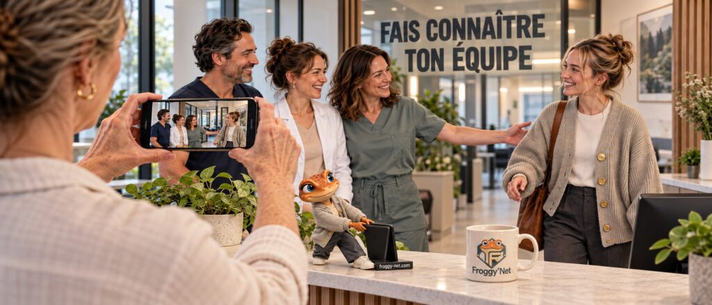 Attirer de nouveaux patients quand ta clinique grandit : à l'accueil, l'équipe de la clinique pose pour une photo à partager, pendant que Mini Froggy installe le téléphone sur son support