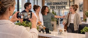 Attirer de nouveaux patients quand ta clinique grandit : à l'accueil, l'équipe de la clinique pose pour une photo à partager, pendant que Mini Froggy installe le téléphone sur son support