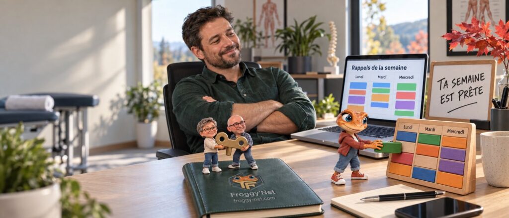 Automatiser le marketing d’une clinique : le gestionnaire sourit devant ses rappels de la semaine déjà prêts, Mini Froggy pose le dernier bloc du calendrier