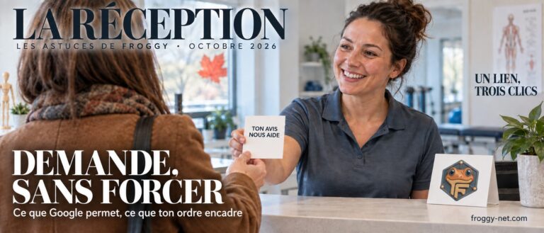 Avis Google clinique : une physiothérapeute des Laurentides tend un carton « Ton avis nous aide » à une patiente