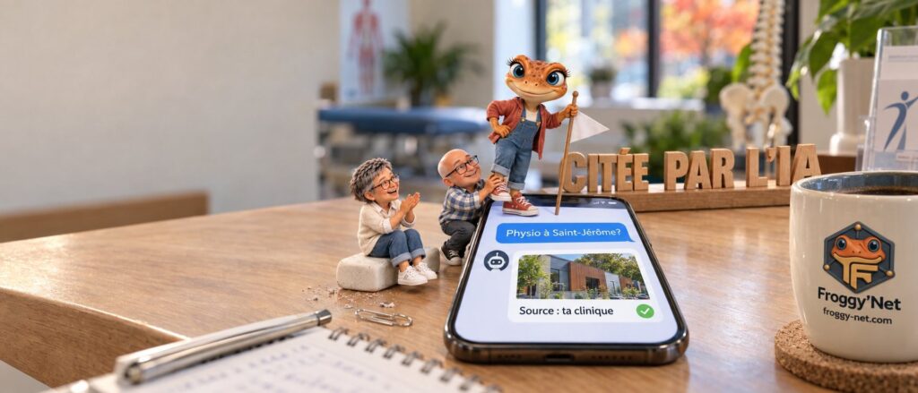 Clinique dans ChatGPT : sur le téléphone, la réponse à « Physio à Saint-Jérôme? » cite ta clinique, Mini Froggy y plante son drapeau