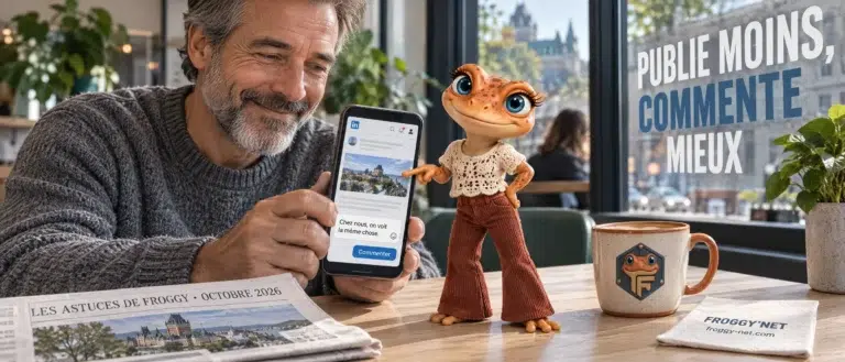 Commenter sur LinkedIn plutôt que publier : un propriétaire d'entreprise et Mini Froggy devant un commentaire utile