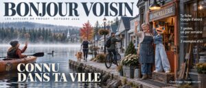 Faire connaître son entreprise localement : une propriétaire de quincaillerie et Mini Froggy saluent les voisins au bord d’un lac des Laurentides, une Bonjour voisin
