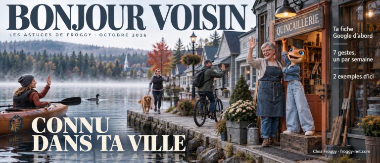 Faire connaître son entreprise localement : une propriétaire de quincaillerie et Mini Froggy saluent les voisins au bord d’un lac des Laurentides, une Bonjour voisin