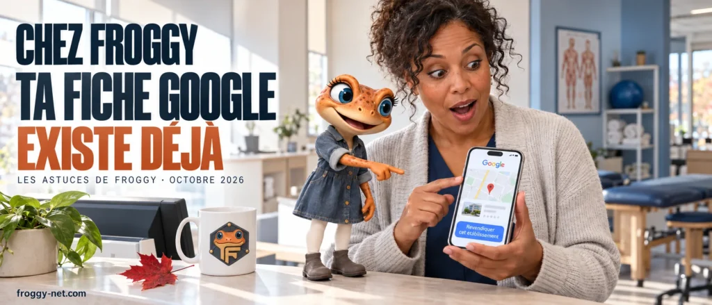 Coordonnatrice d'une clinique de physiothérapie à Blainville surprise de découvrir que sa fiche Google existe déjà, Mini Froggy pointe le bouton Revendiquer