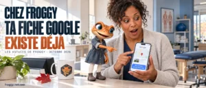 Coordonnatrice d'une clinique de physiothérapie à Blainville surprise de découvrir que sa fiche Google existe déjà, Mini Froggy pointe le bouton Revendiquer