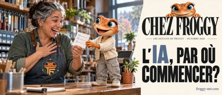 IA et marketing, par où commencer : la propriétaire d'une quincaillerie de Saint-Sauveur rit en lisant la liste que lui tend Mini Froggy, une de Chez Froggy