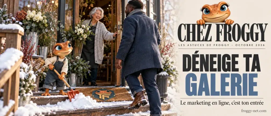Mini Froggy déneige la galerie d'une boutique de fleuriste à Saint-Jérôme : le marketing en ligne, c'est ton entrée
