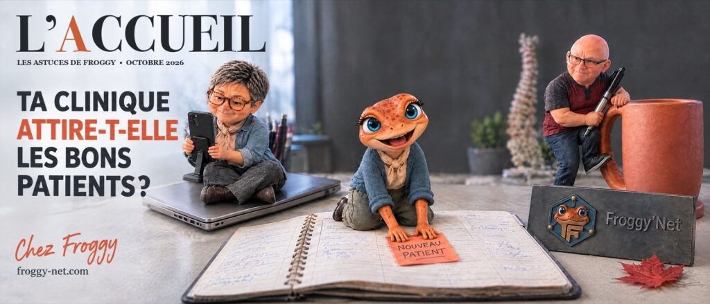 Attirer des patients dans ta clinique : Mini Froggy dépose la carte « Nouveau patient » dans le carnet de rendez-vous, Valérie et Daniel en miniatures