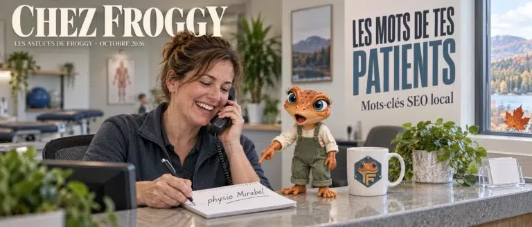 Mots-clés SEO local : à l'accueil d'une clinique de physio, la réceptionniste note physio Mirabel pendant que Mini Froggy pointe le bloc-notes