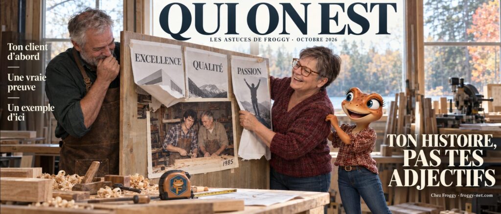 Comment rédiger une page à propos : Valérie et Mini Froggy arrachent les affiches Excellence, Qualité, Passion pour révéler la vraie histoire d’un ébéniste, une Qui on est