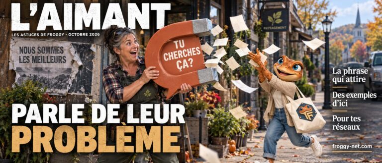 Phrase qui attire les clients : une paysagiste des Laurentides attire les messages de ses clients avec un aimant Tu cherches ça?, Mini Froggy les attrape