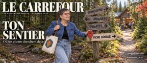 Plateforme pour trouver des clients : Valérie choisit le sentier Fiche Google à un carrefour de la forêt des Laurentides
