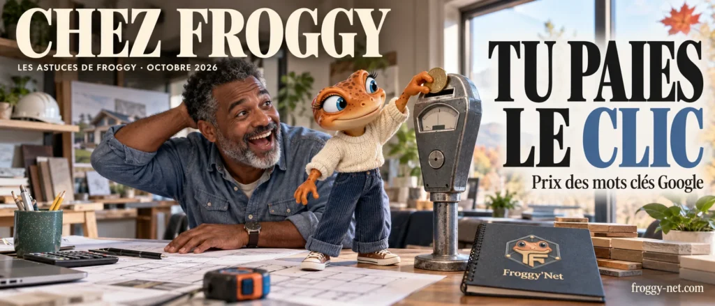 Prix des mots clés Google : un entrepreneur en rénovation rit pendant que Mini Froggy glisse une pièce dans un parcomètre miniature, tu paies le clic