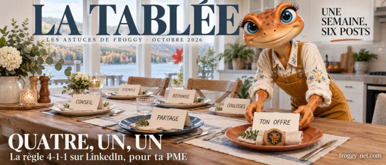 Règle 4-1-1 LinkedIn : Mini Froggy dresse une table pour six, quatre assiettes utiles, un partage, une offre