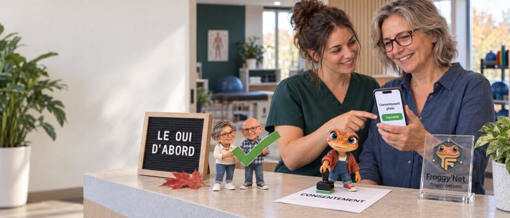 Réseaux sociaux de clinique et loi 25 : la propriétaire montre le consentement photo sur son téléphone avant de publier, Mini Froggy tamponne la feuille de consentement