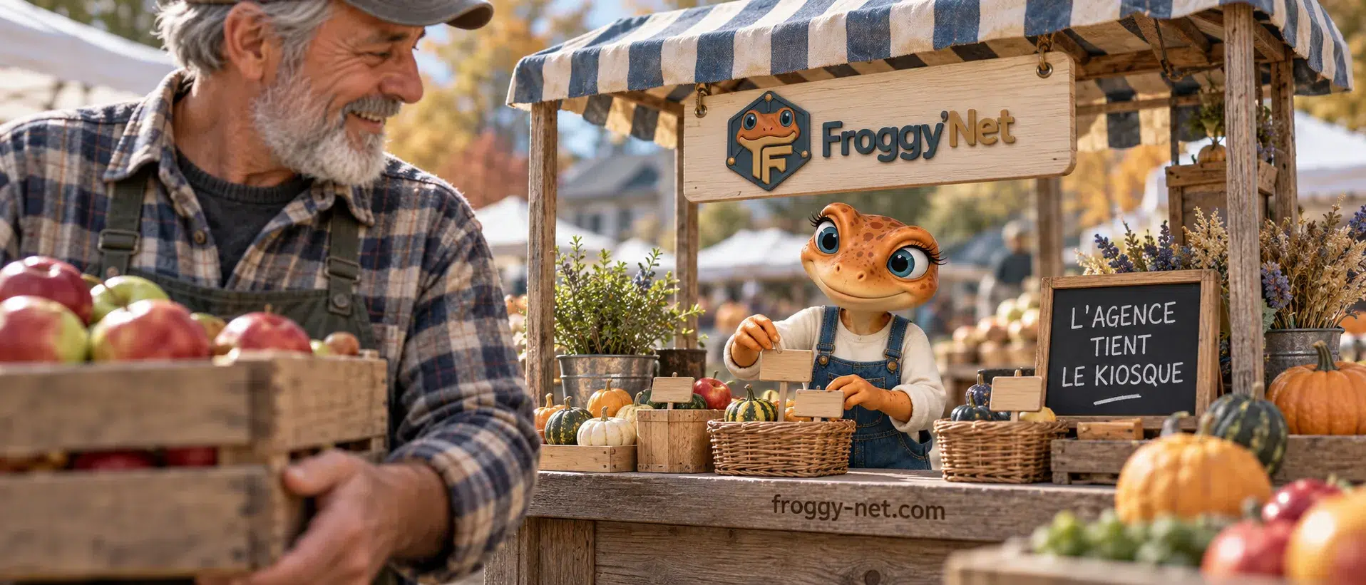 Ce qu'une agence Google Ads fait pour toi : Mini Froggy tient un kiosque de marché miniature pendant que le fermier apporte ses pommes, L'agence tient le kiosque