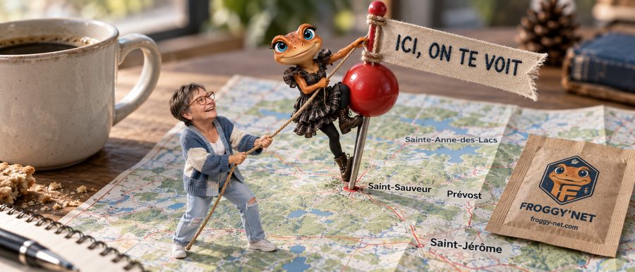 Faire connaître son entreprise localement : mini-Valérie et Mini Froggy plantent une punaise sur Saint-Sauveur, sur une carte des Laurentides