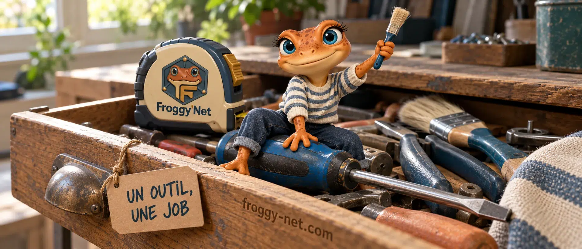 La meilleure IA pour une entreprise : Mini Froggy brandit un pinceau dans un tiroir d'outils, Un outil, une job