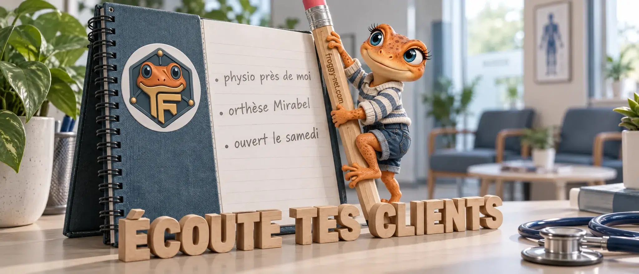 Mots-clés SEO local : Mini Froggy grimpe sur un carnet où une clinique a noté les mots de ses patients, physio près de moi, orthèse Mirabel