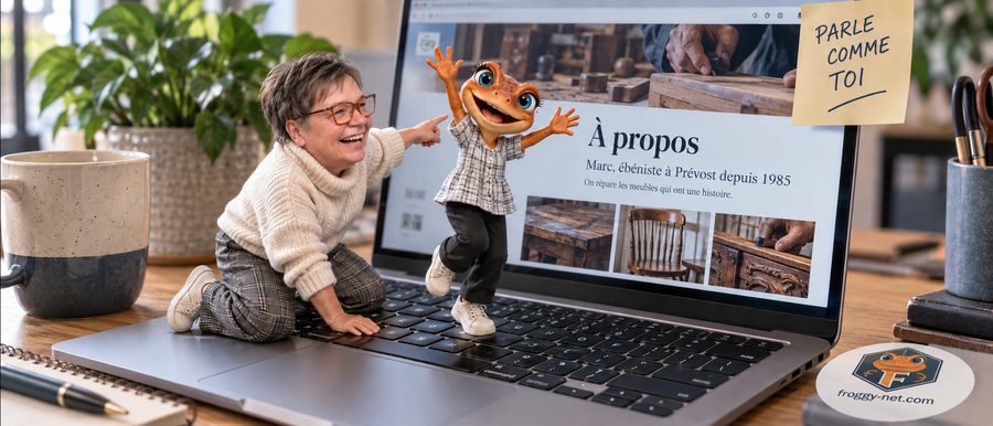 Comment rédiger une page à propos : mini-Valérie et Mini Froggy font les pitres sur le clavier d’un MacBook qui affiche la page À propos d’un ébéniste de Prévost