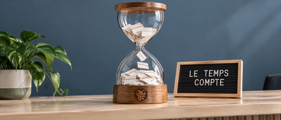 Attirer de nouveaux patients prend du temps : un sablier rempli de cartes de rendez-vous sur le comptoir d'une clinique