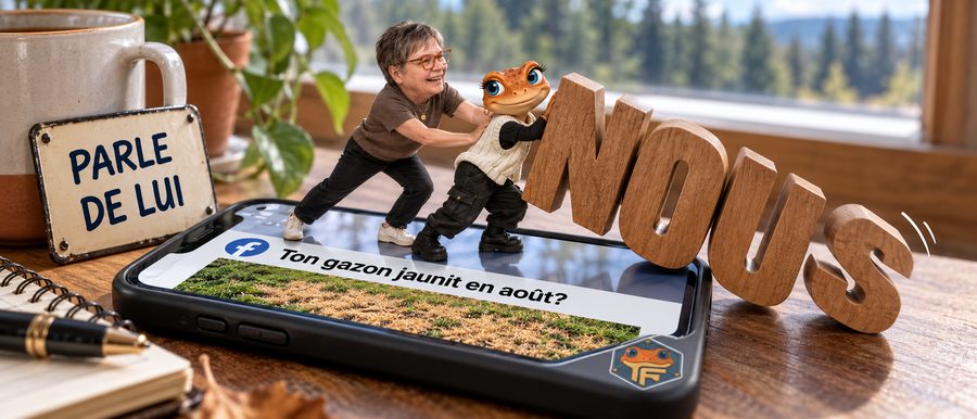 Phrase qui attire les clients : mini-Valérie et Mini Froggy poussent le mot NOUS hors d’un iPhone qui affiche la question Ton gazon jaunit en août?