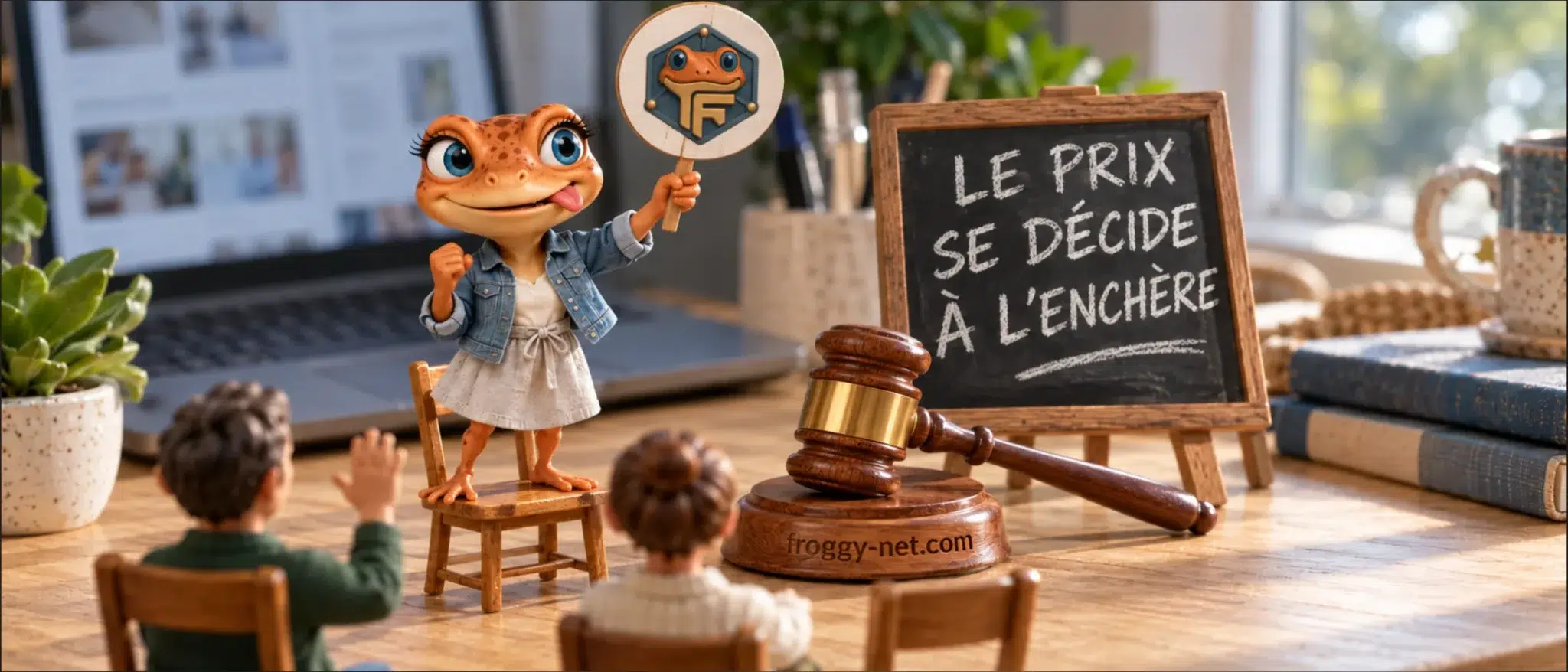 Le prix des mots clés se décide à l'enchère : Mini Froggy lève sa pancarte dans une salle d'encan miniature, à côté d'un marteau d'encan