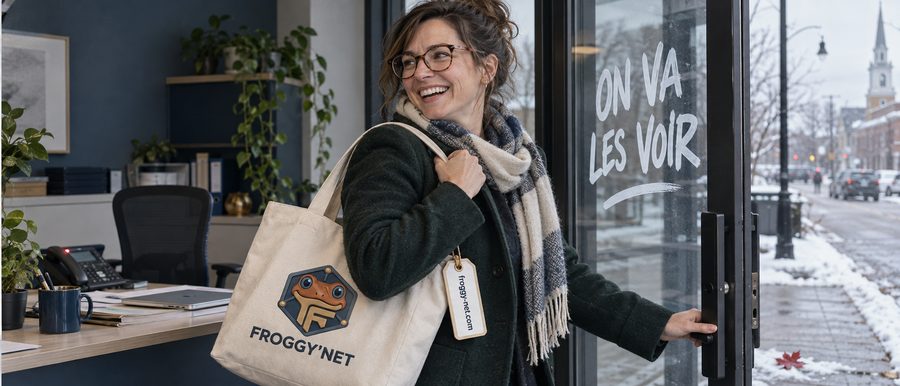 Prospecter des clients : une comptable de Saint-Jérôme sort de son bureau en riant, slogan On va les voir sur la porte vitrée