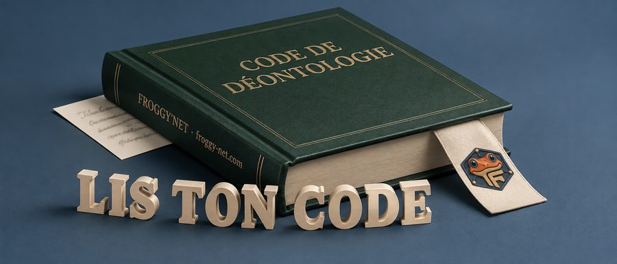 Témoignages de patients : un code de déontologie écrase une carte de remerciement, lettres de bois « LIS TON CODE »