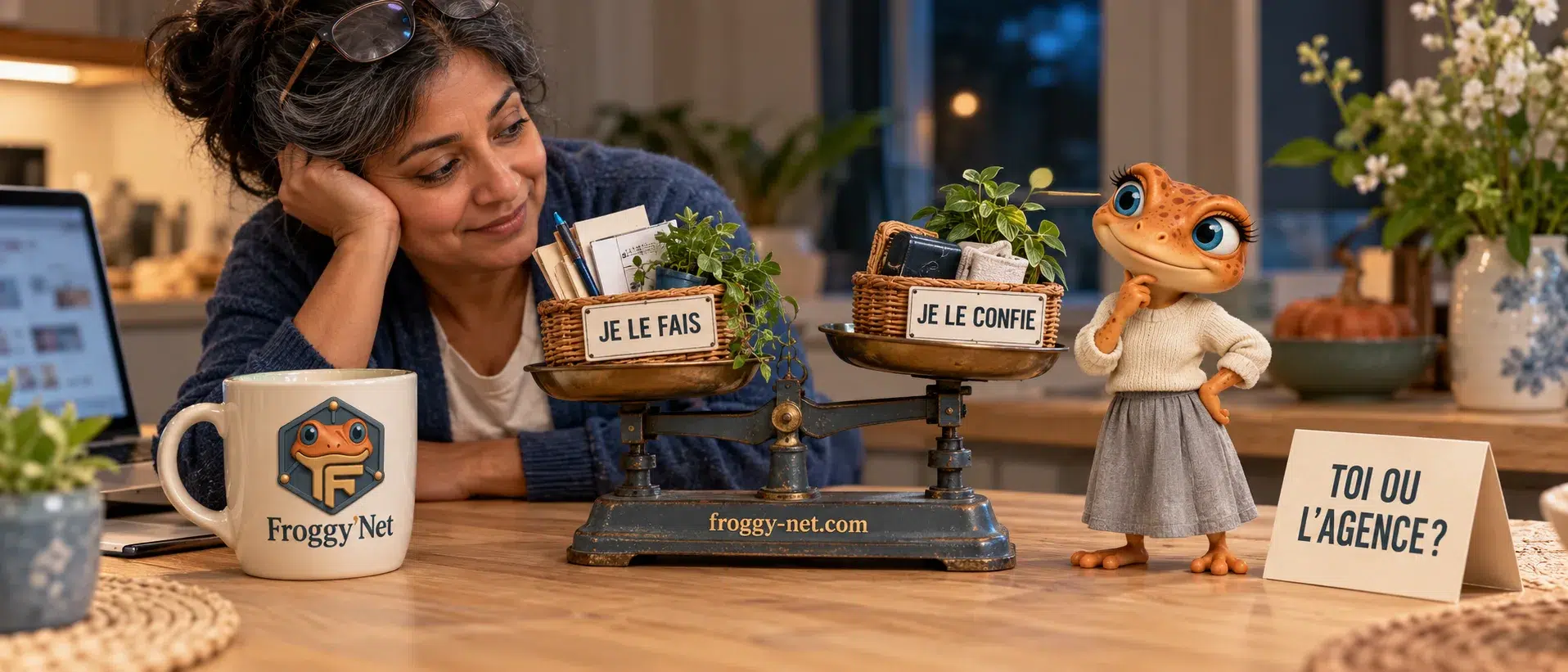 Campagne AdWords toute seule ou avec une agence : une dirigeante regarde Mini Froggy peser Je le fais et Je le confie sur une balance de jardin