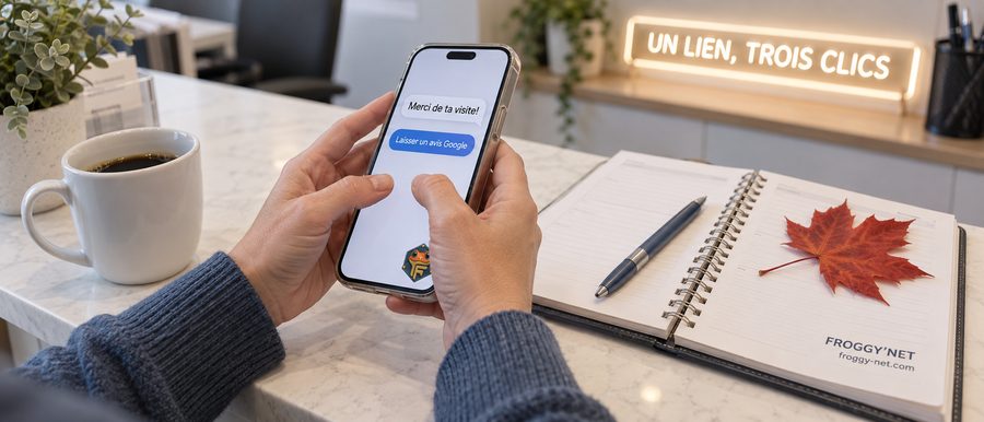 Avis Google clinique : texto « Merci de ta visite! » avec un lien pour laisser un avis Google
