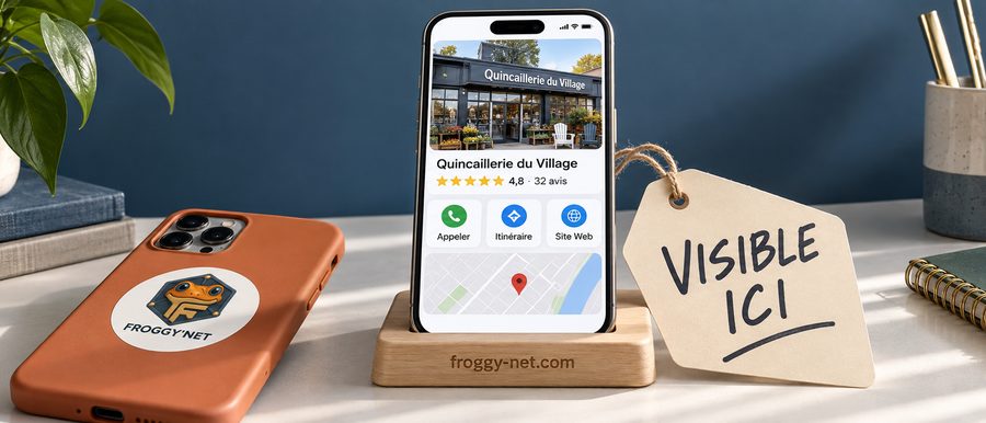 Faire connaître son entreprise localement avec une fiche Google complète : un iPhone affiche la fiche d’une quincaillerie de village
