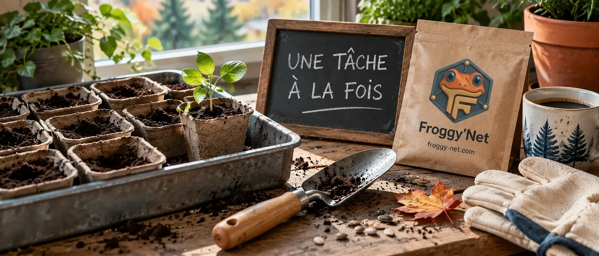 Commencer l'IA en marketing dans son entreprise : une seule pousse dans un plateau de semis à côté d'une ardoise, Une tâche à la fois