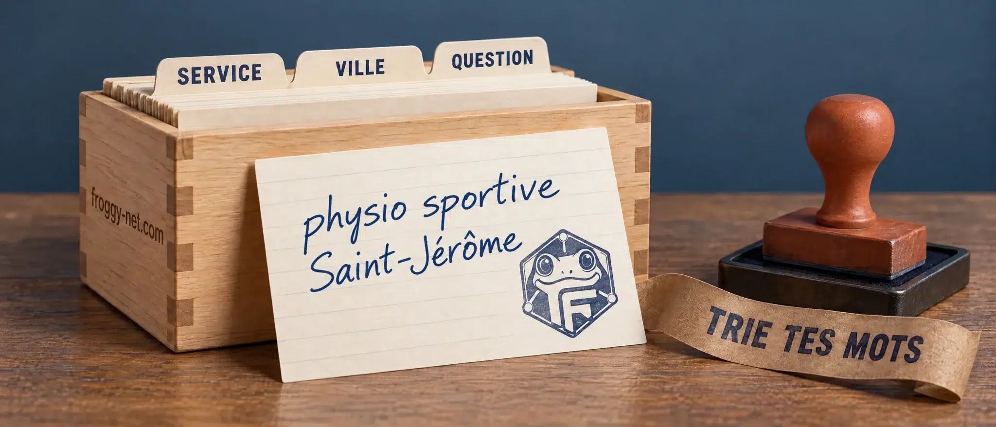 Choisir ses mots-clés SEO local : une boîte à fiches classée par service, ville et question, avec la fiche physio sportive Saint-Jérôme