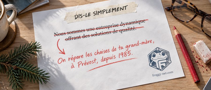 Texte de présentation d’entreprise corrigé au crayon rouge : la phrase creuse barrée et réécrite simplement, pour une page à propos