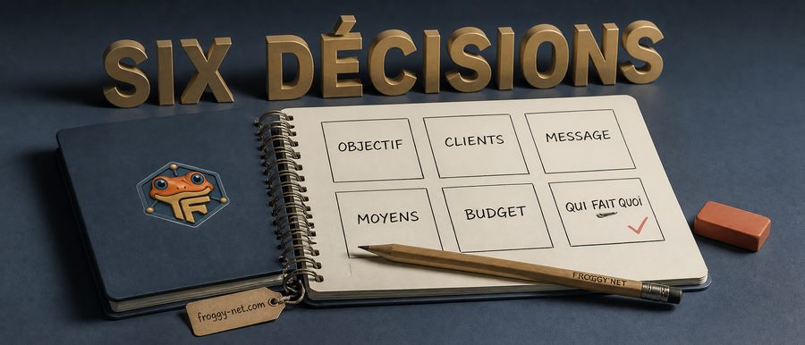 Les six décisions d'un plan marketing écrites dans un carnet : objectif, clients, message, moyens, budget, qui fait quoi