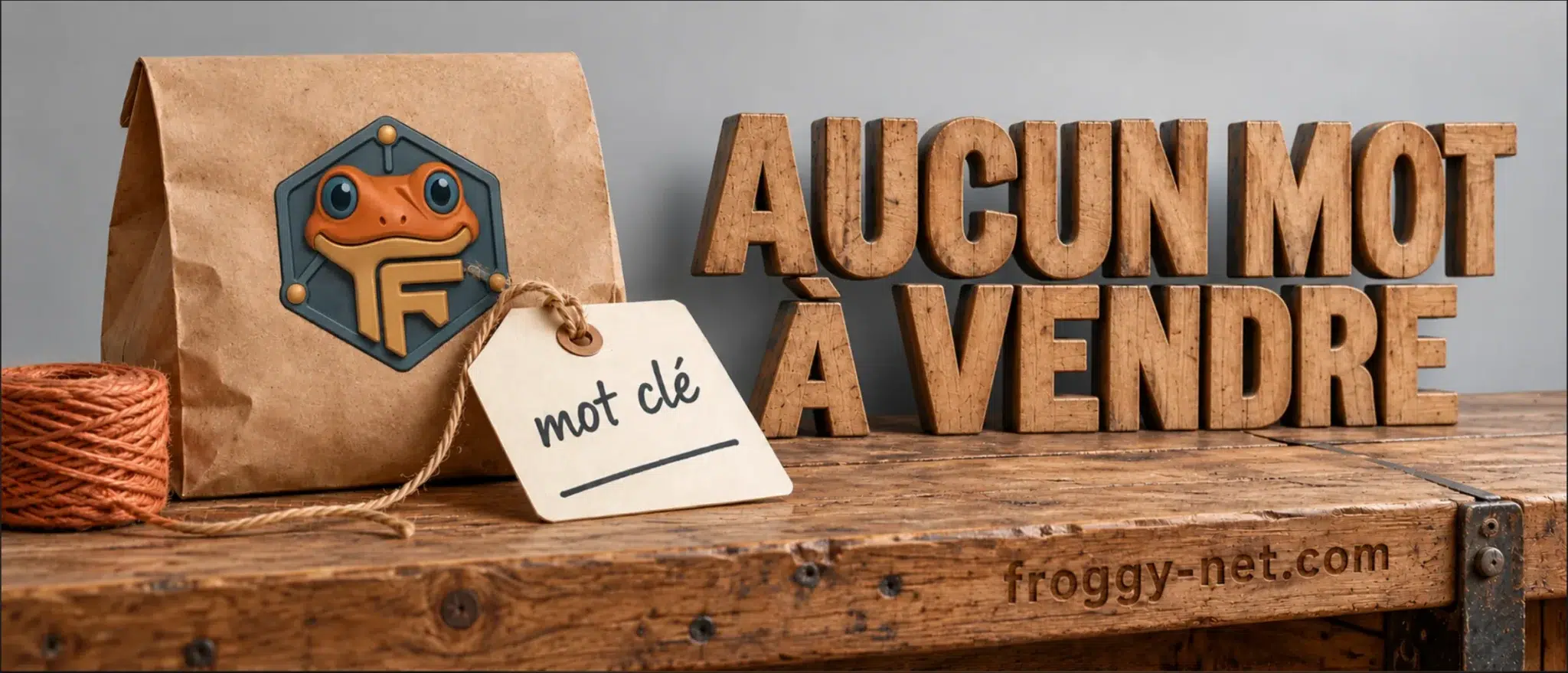 Un mot clé, ça s'achète pas : étiquette mot clé sans prix sur un comptoir de quincaillerie, slogan Aucun mot à vendre