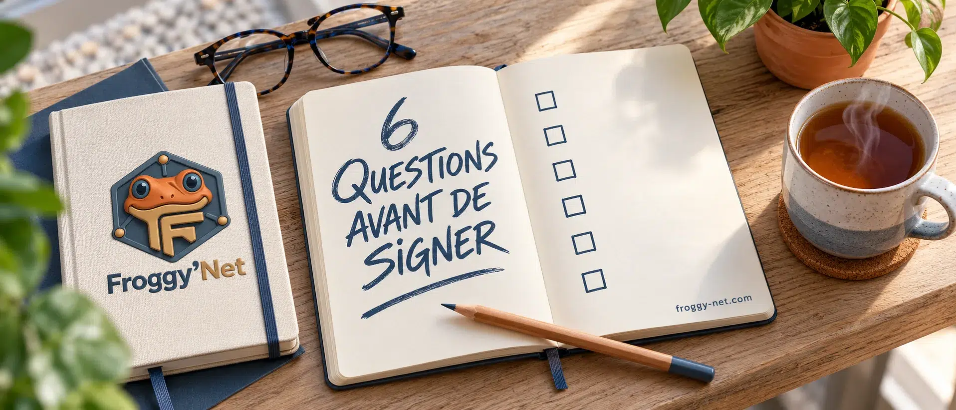 Les 6 questions à poser avant de signer avec une agence Google Ads, écrites dans un carnet ouvert avec six cases à cocher