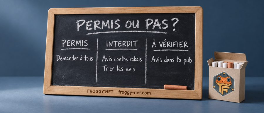 Avis Google clinique : ardoise « Permis ou pas? » avec trois colonnes, permis, interdit, à vérifier