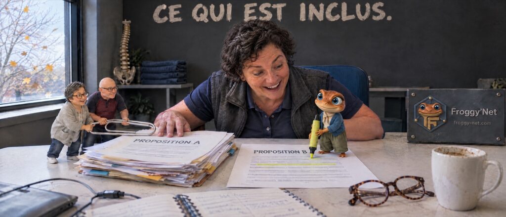 Combien coûte un accompagnement marketing : la propriétaire d'une clinique choisit la proposition qui dit clairement ce qui est inclus, pendant que Mini Froggy surligne la ligne