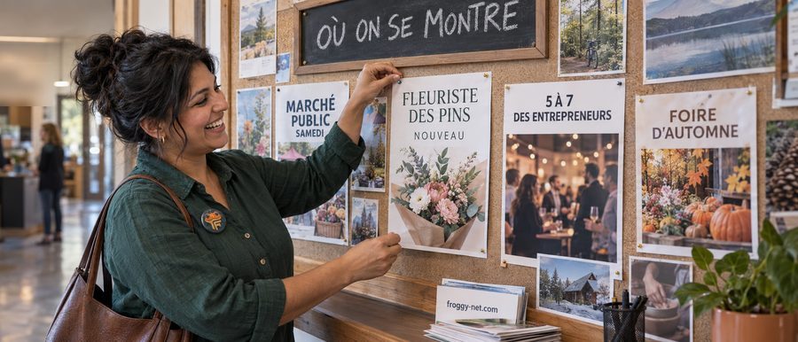 Où faire de la pub pour faire connaître son entreprise localement : une fleuriste punaise son affiche au babillard de la chambre de commerce