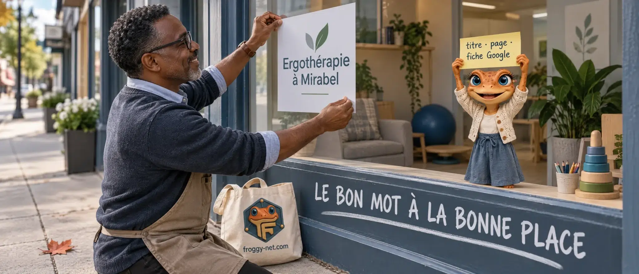 Où mettre ses mots-clés SEO local : un ergothérapeute colle l'affichette Ergothérapie à Mirabel sur sa vitrine pendant que Mini Froggy tient la note titre, page, fiche Google