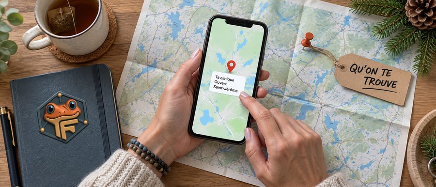 Attirer de nouveaux patients à Saint-Jérôme : un iPhone montre une clinique épinglée sur la carte des Laurentides