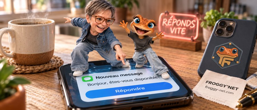 Application pour trouver des clients : mini-Valérie et Mini Froggy surfent sur une notification Nouveau message, réponds vite