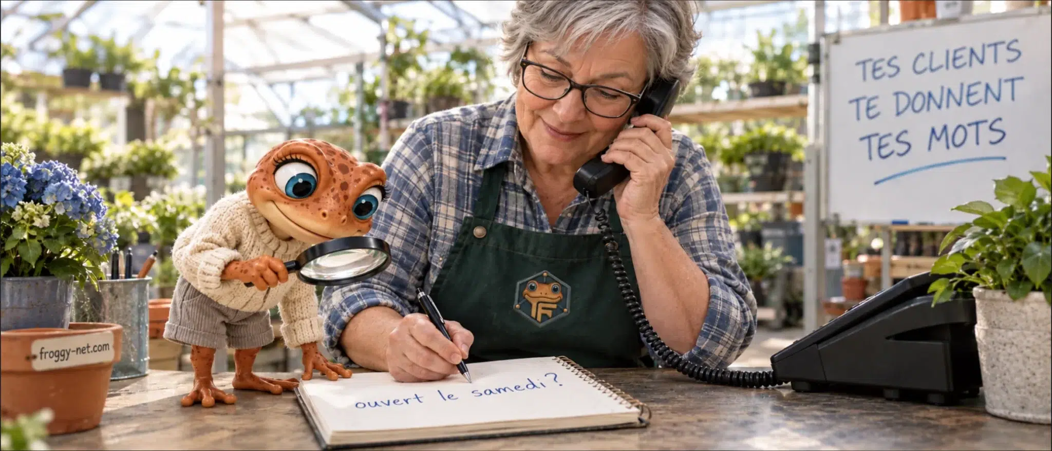 Trouver des mots clés pour son site : dans une pépinière de Prévost, la propriétaire note la question d'un client pendant que Mini Froggy regarde à la loupe