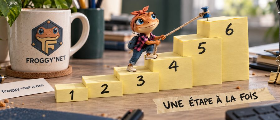 Les 6 étapes pour prospecter des clients : Mini Froggy grimpe un escalier de six Post-it numérotés